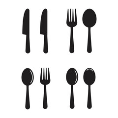 Black and White Cutlery Set Knives Forks and Spoons Vector Illustration, Flat vector