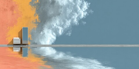 Abstract Cityscape 3D Render, White Cloud Over Orange Blue Gradient Sky, Skyscraper Chimney Reflection in Water, Digital Art Industrial Nature