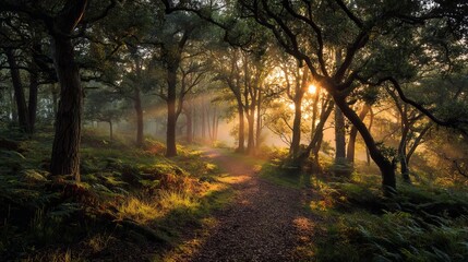 Obraz premium Peaceful forest stream flowing through lush green woodland in summer