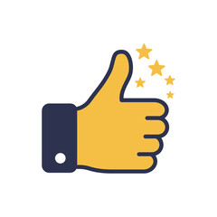 Thumbs Up Icon with Stars Symbolizing Approval and Positive Feedback, Flat vector
