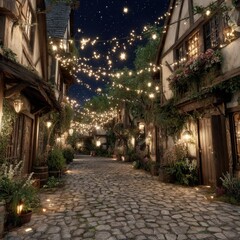 Obraz premium Cobblestone street at night, lit by fairy lights, with quaint buildings and lush greenery