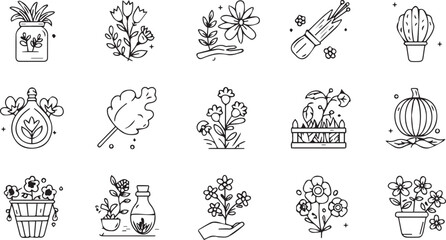 Hand Drawn Garden Icons Featuring Plants Flowers Pots and Tools gardening nature