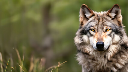 Obraz premium Gray Wolf in Autumn Forest. Wildlife, Nature, Predator, Profile of a majestic wolf displaying striking features, highlighting wildlife beauty and natural habitat