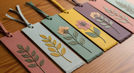 Set of Vibrant Botanical and Floral Patterned Paper Bookmarks Arranged on Wooden Surface