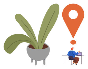 Large potted plant with green leaves beside a bright orange exclamation mark. In the corner, a person works at a desk using a laptop. Ideal for creativity, focus, productivity, communication