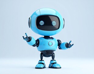 A cute, small, blue robot with rounded features stands against a light blue background, arms outstretched in a friendly gesture