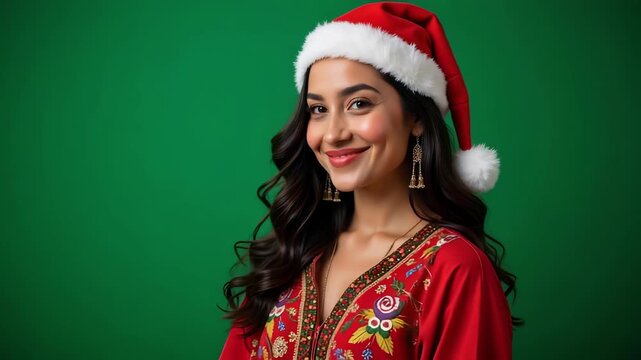Stunning close-up portrait of a Moroccan woman in a traditional kaftan and Santa hat, blending culture and festive cheer for the holidays.