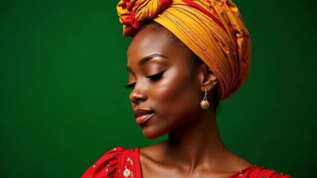 Stunning Nigerian woman in vibrant red dress and traditional Gele headwrap, captured on green screen for dynamic video content, perfect for commercial use.