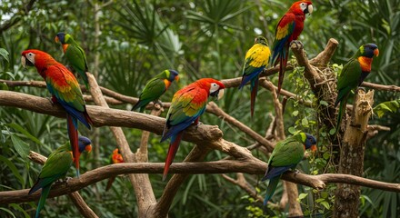 Parrots perched on branches