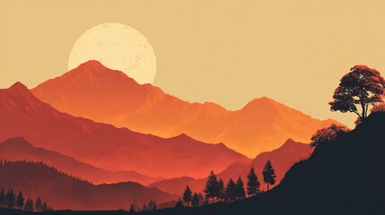 Golden sunset over majestic mountain peaks in serene landscape