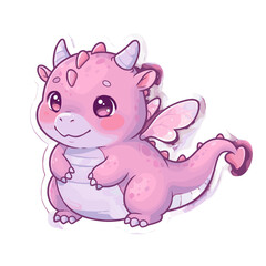 Fototapeta premium Adorable pink dragon with heart-shaped tail illustration, cute fantasy creature with big eyes and small wings, detailed vector art for children's designs