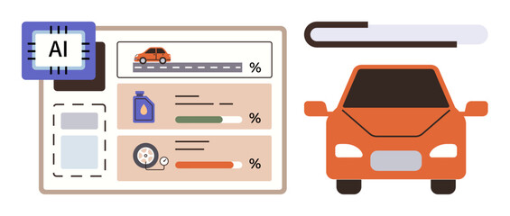 AI chip analyzes vehicle data on dashboard, displaying oil level, tire health, fuel efficiency, maintenance. Ideal for technology, automation, automotive management, data future innovation car