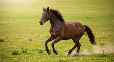 Obraz premium Running horse in green field