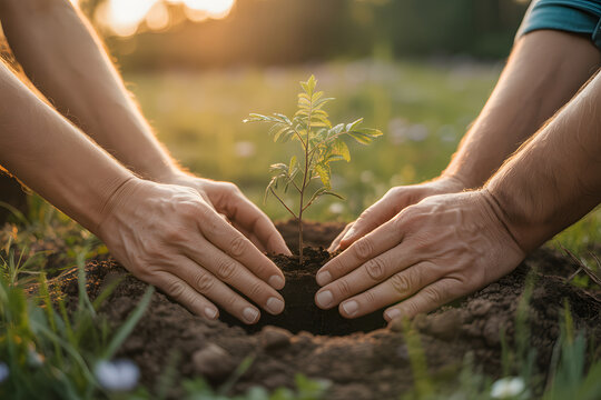 Growing Hope: Two hands carefully nurture a small, young seedling, planting it in fertile earth amidst an expansive garden, symbolizing growth and environmental stewardship. 