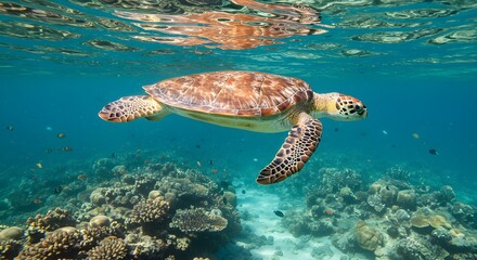Obraz premium Sea turtle swimming over coral reef
