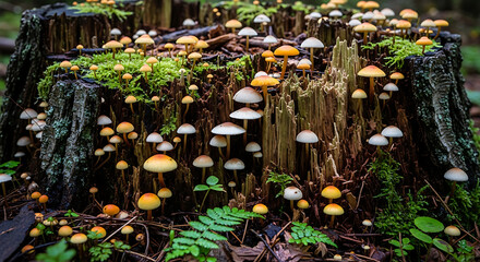 Obraz premium A large colony of tiny yellow and white mushrooms growing on a mossy, decaying tree stump in a lush forest