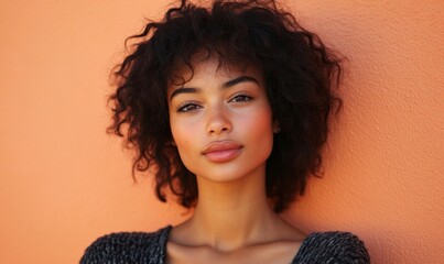 Attractive mixed-race African American female model posed against a peach fuzz background with strong shadows, creating a professional editorial look, Generative AI