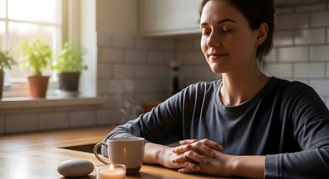 Young woman enjoys a moment of tranquility with a cup of tea in a sunlit kitchen. Featuring a serene atmosphere with a lit candle and plants.