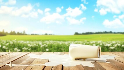 Glass of milk spill on wooden table outdoor under bright blue sky with green field background creating fresh lively natural calm atmosphere scene - Powered by Adobe