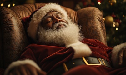 African American Santa Claus napping in an armchair. An alternative portrayal of Black Father Christmas as he relaxes at home on the night before Christmas. This modern twist adds, Generative AI