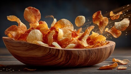 Crispy potato chips in wooden bowl