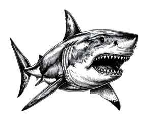 Aggressive Shark Head Sketch in Black and White, Hand-Drawn Ink Illustration 