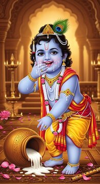 Adorable baby krishna smiling and playing with milk in traditional hindu illustration