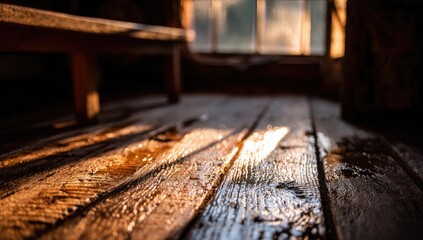 Sunbeams on aged wooden floorboards in a rustic interior