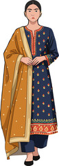 Elegant South Asian woman in a traditional embroidered blue shalwar kameez with a yellow dupatta. Vector illustration.