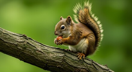 Squirrel eating nut on branch