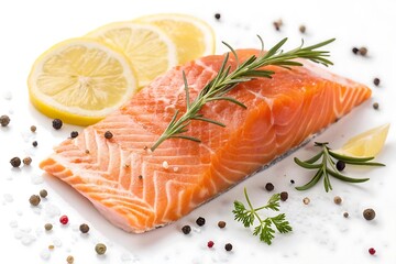 Piece of salmon with lemon and rosemary on top