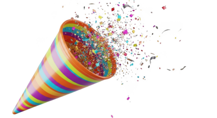Colorful party popper exploding with confetti isolated on transparent background