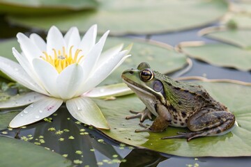 Frog is sitting on a leaf next to a white flower