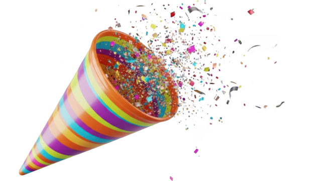 Colorful party popper exploding with confetti isolated on transparent background