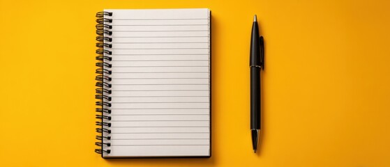 The notebook and pen on a bright yellow background ready for notes.