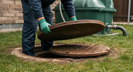 Septic Tank Maintenance Worker Removing Cover