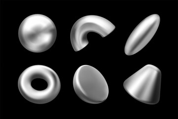 Vector 3d silver abstract shape set. Y2k geometric chrome figure collection isolated