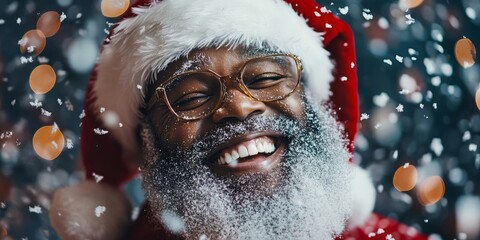 Happy Black Santa Claus smiling amid a snow confetti at an office Christmas party. The festive scene features African American Father Christmas dancing and enjoying, Generative AI