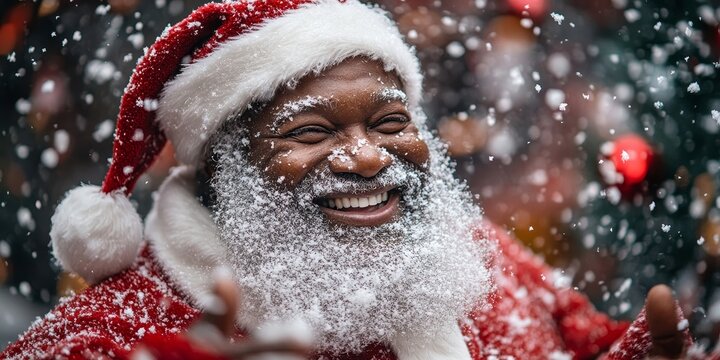 Happy Black Santa Claus smiling amid a snow confetti at an office Christmas party. The festive scene features African American Father Christmas dancing and enjoying, Generative AI - Powered by Adobe
