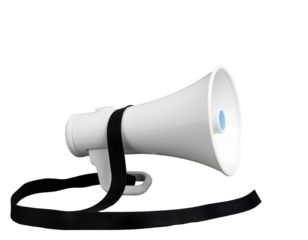 White megaphone with black strap on a transparent background