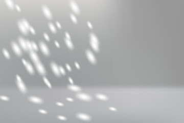 Sunlight shadow background. Soft white light reflections from tree or plant on grey backdrop with natural window light effect. Abstract vector illustration.