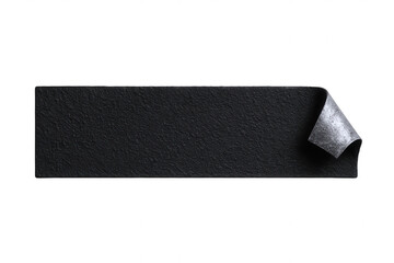 Textured Black Rectangular Label with Peeling Corner and Silver Underside, Isolated on Black