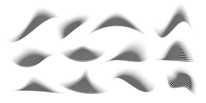 Set of abstract dotted waves. Halftone curved shapes in black color isolated on white background. Curved and twisted gradients forms. Trendy graphic vector illustration.