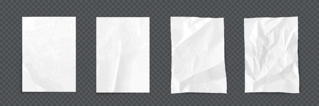 Paper sheets with wrinkles texture. Set of white empty vertical pages with smooth, folded, and wrinkled surfaces. Realistic vector illustration for notes, posters, or design mockups.