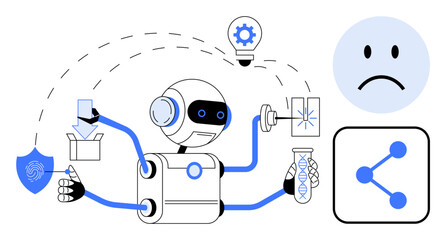 Robot conducting tasks thumbs up file processing, scientific research, innovation, and connection amidst a shield, flask, and technology icons. Ideal for AI, automation, science networking