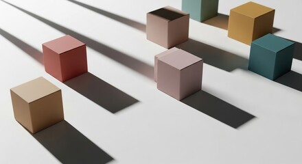 Colorful square boxes with long shadows on a white surface.