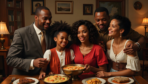Cheerful black family gathering around dining table celebrating traditions   - Powered by Adobe
