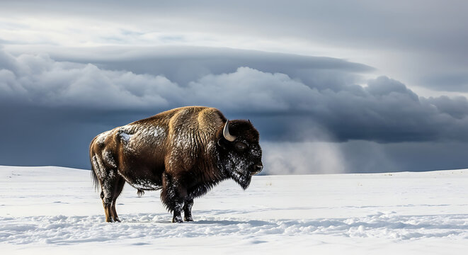 A majestic American bison stands resiliently in a vast, snow-covered landscape under a dramatic and stormy winter sky. - Powered by Adobe