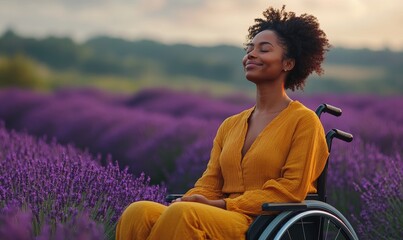 Inclusive editorial image of a happy disabled Black African female model in a wheelchair, deep breathing and relaxing during wellness meditation in a purple lavender field, Generative AI