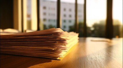 Neatly arranged financial documents on a wooden desk with warm natural lighting in a minimalist office.